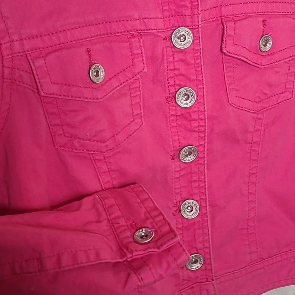 Justice Girls 14 hot pink denim jean jacket sparkly fun embroidered Love